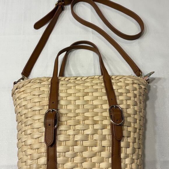 Talbots Woven Cornhusk Purse with Brown Leather Accents and Long Strap - Picture 4 of 10
